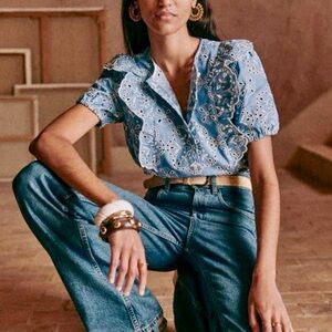 Sezane Blue Eyelet Ruffle Blouse - size 38